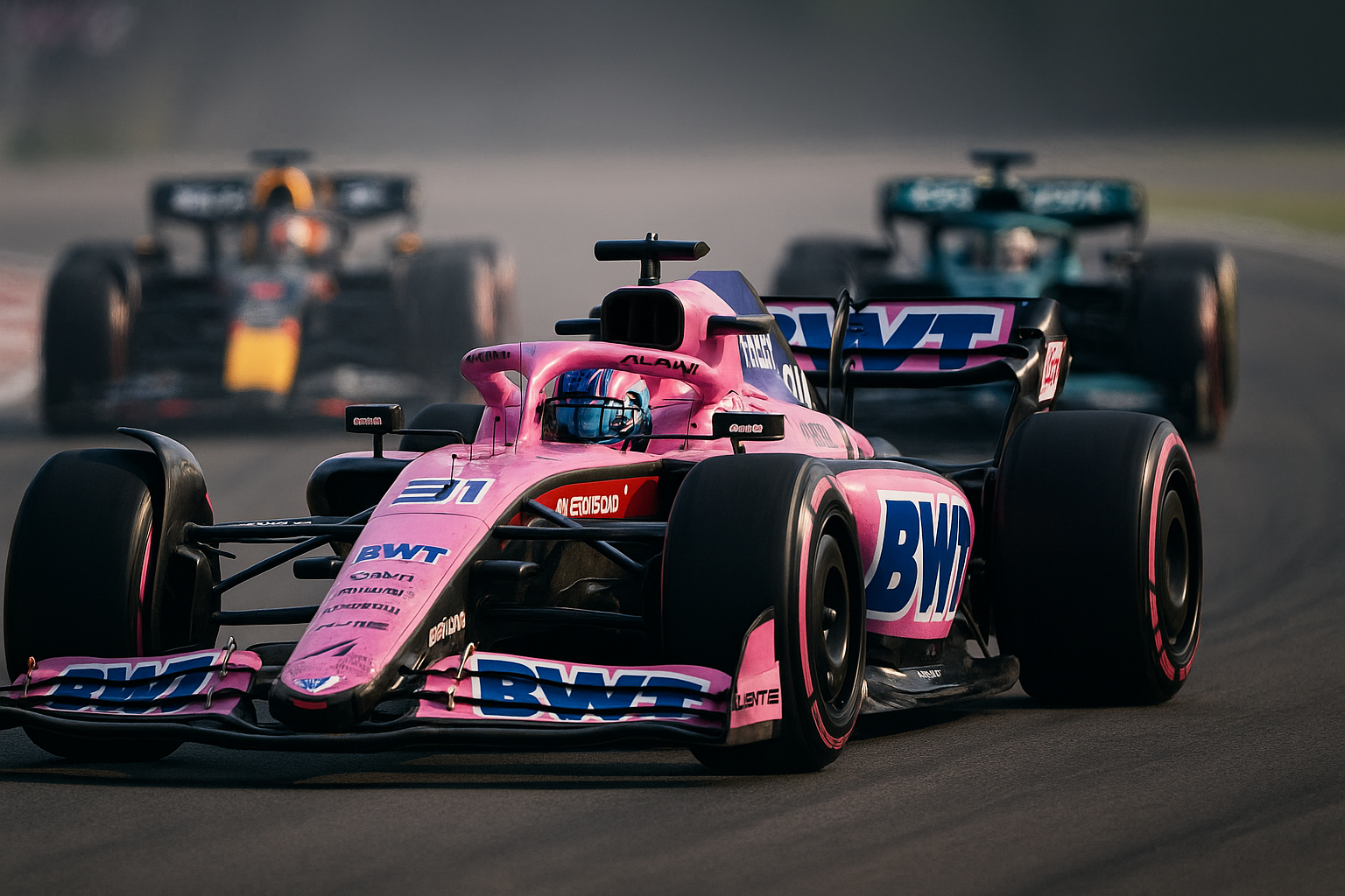 Auto Alpine rosa de Fórmula 1 liderando una carrera junto a otros autos