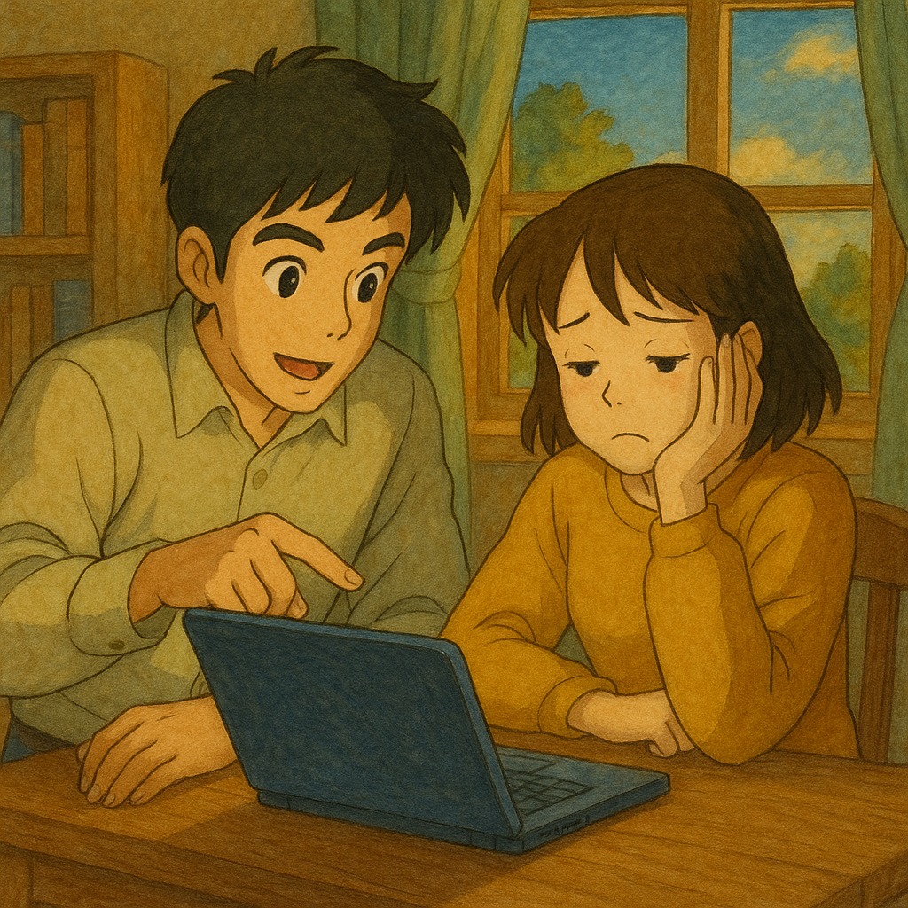 Cliente feliz tras resolver el problema (estilo Ghibli)